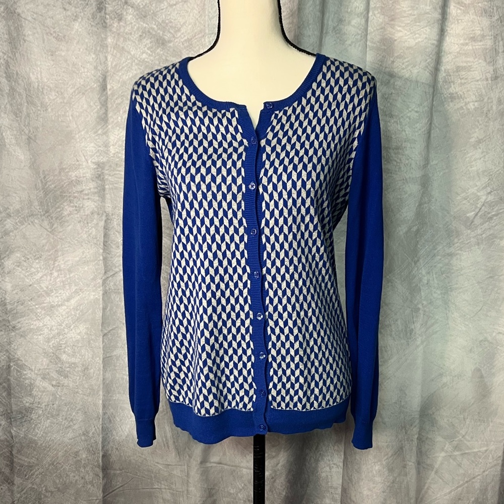 Old Navy Absolute Blue and Gray Geometric Patterned Cardigan Sweater - MED